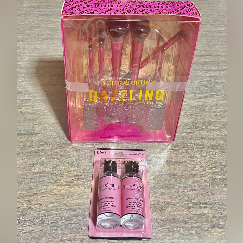 NIB Juicy Couture dazzling 6-piece cosmetic brush set w/ stand & Hand sanitizers